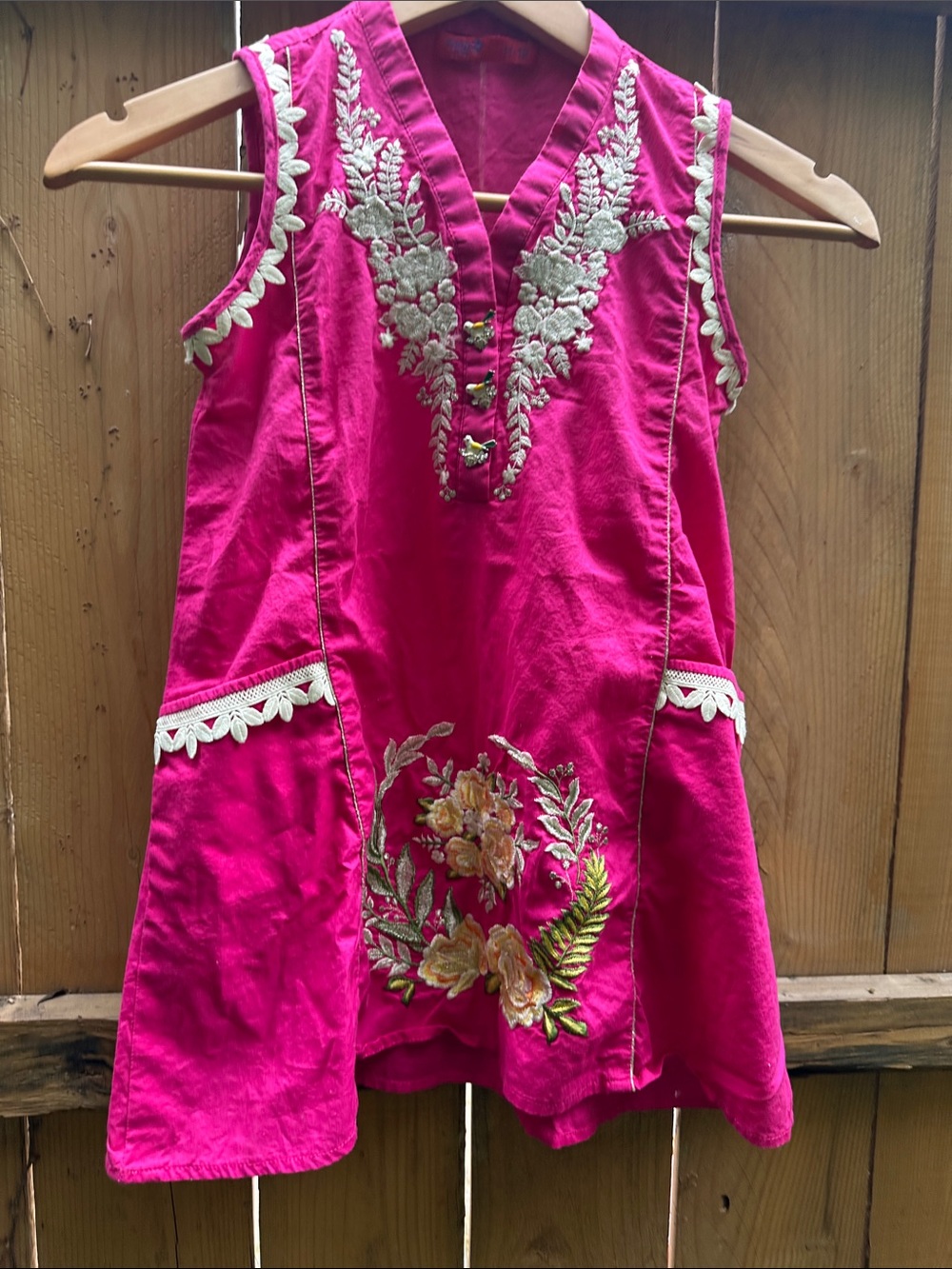 Bright Pink Embroidered Sleeveless Tunic For Girl
